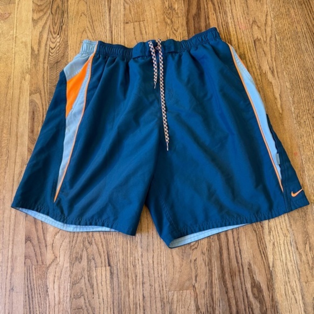 Nike Mens Swim Trunks XL Navy Blue Orange Colorblock Mesh Lined